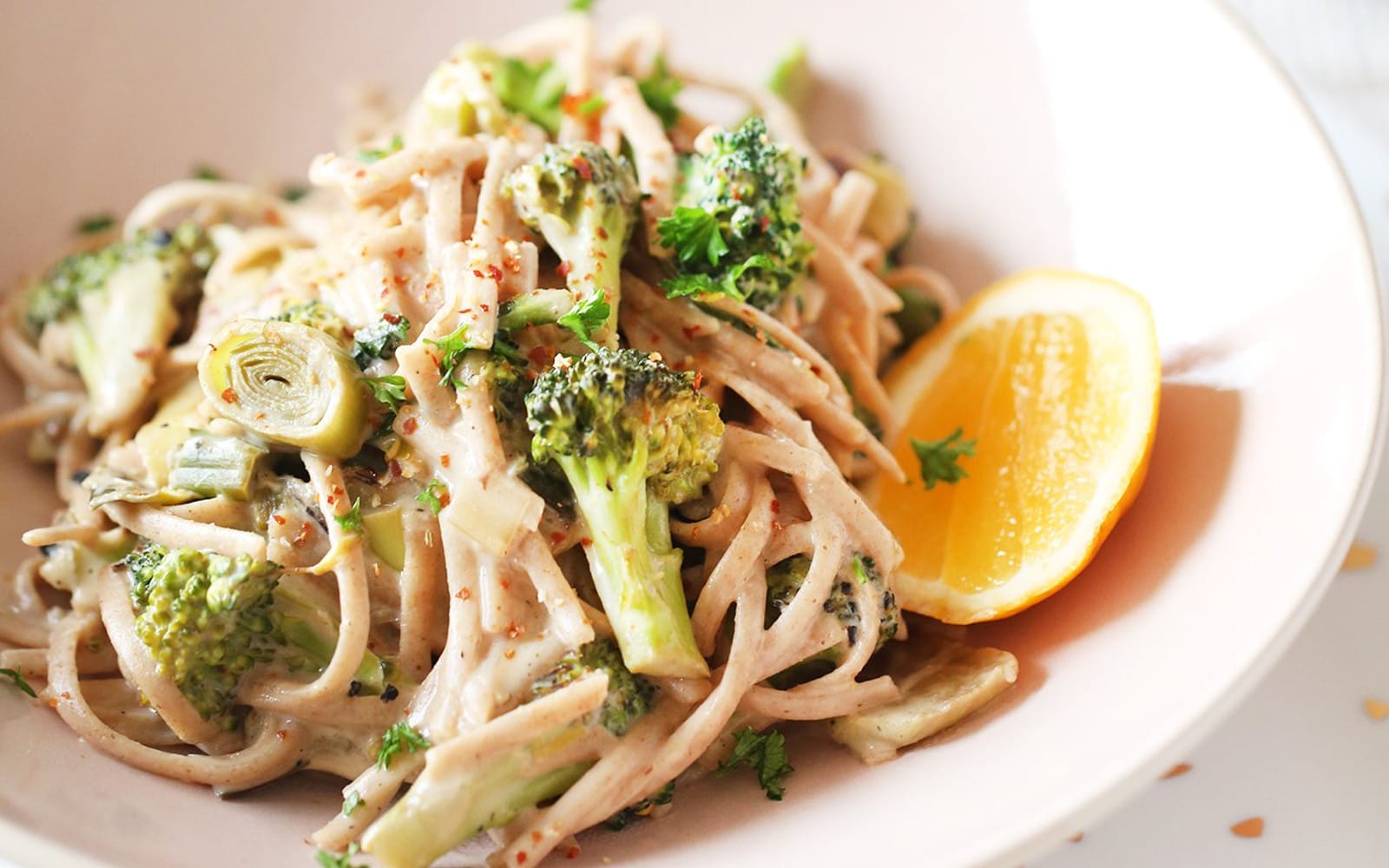 Vegan Gluten-free Lean Green Fettuccine Alfredo with broccoli and lemon