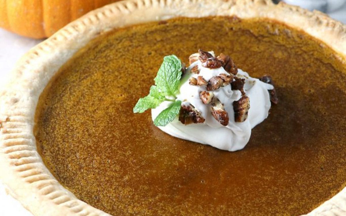 Vegan Pumpkin Pie With Coconut Whip and Candied Pecans