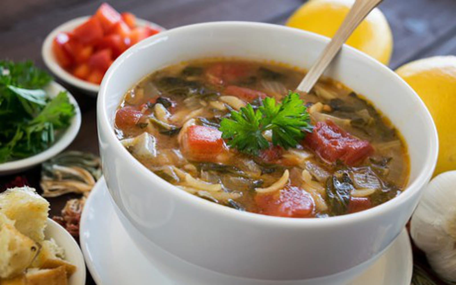 Bowl of Vegan Nut-Free Greek Spinach and Orzo Soup