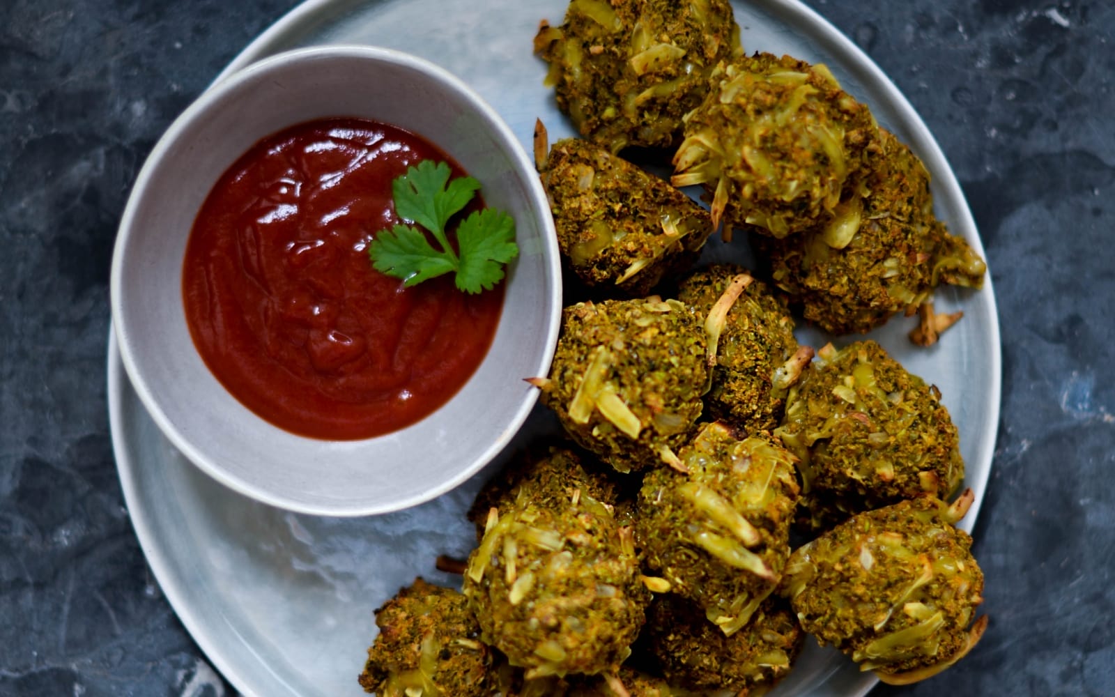 Vegan GLuten-Free Crispy and Comforting Broccoli Cheese Tops with ketchup