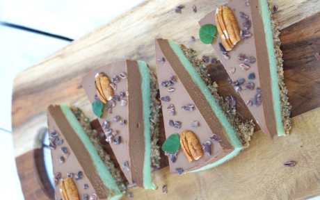 Raw Vegan Chocolate Mint Cake Topped with pecans 1