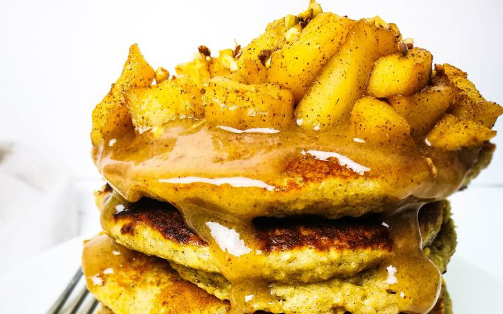 Vegan gluten-free Toffee Apple Pancakes with apple toffee topping