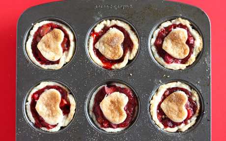 Vegan Mini Strawberry Rhubarb Pies Topped With Heart In Muffin Tray