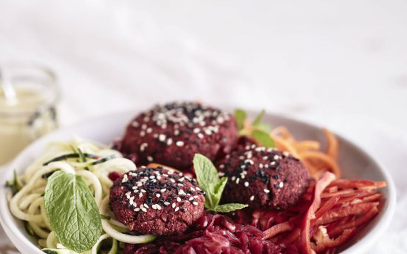 Gluten-Free Vegan Beetroot Falafel Rainbow Salad with zoodles