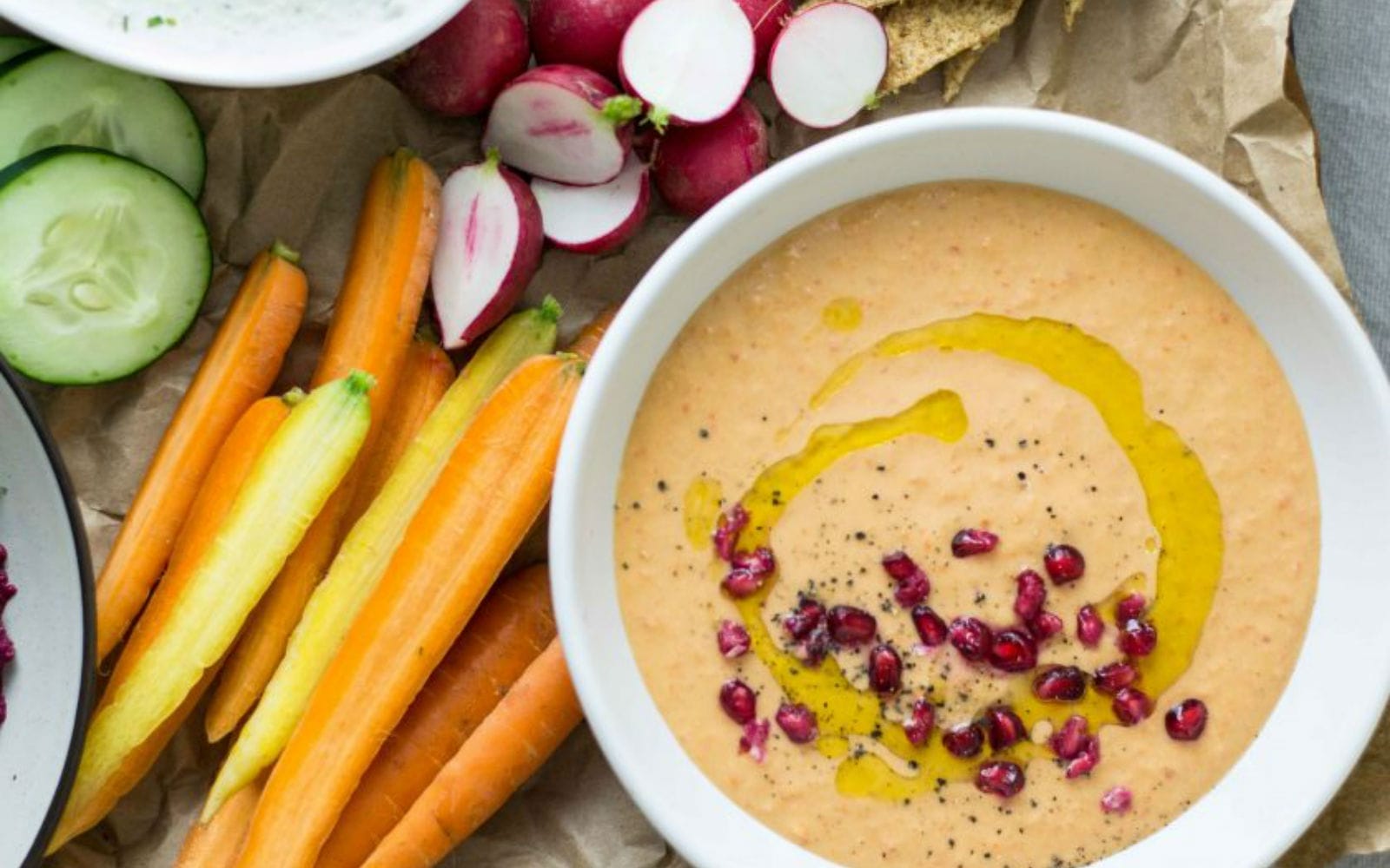 Vegan Gluten-Free Roasted Red Pepper Lentil Dip with vegetables to dip