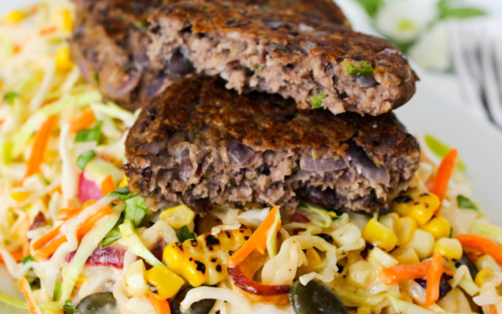 Gluten-Free, Vegan Jalapeño Black Bean Patties with Mexican Coleslaw cut open