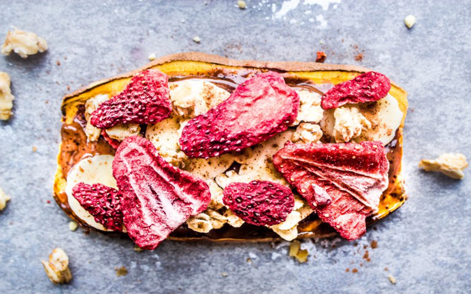 Gluten-Free Vegan Low-Carb Chocolate and Strawberry Sweet Potato Toasts with banana, granola, and hazelnut spread