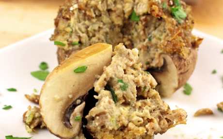 Vegan Sausage Stuffed Mushrooms cross section of filling