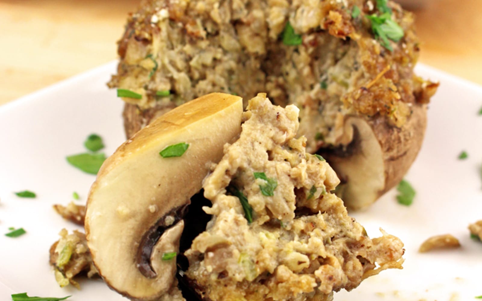 Vegan Sausage Stuffed Mushrooms cross section of filling