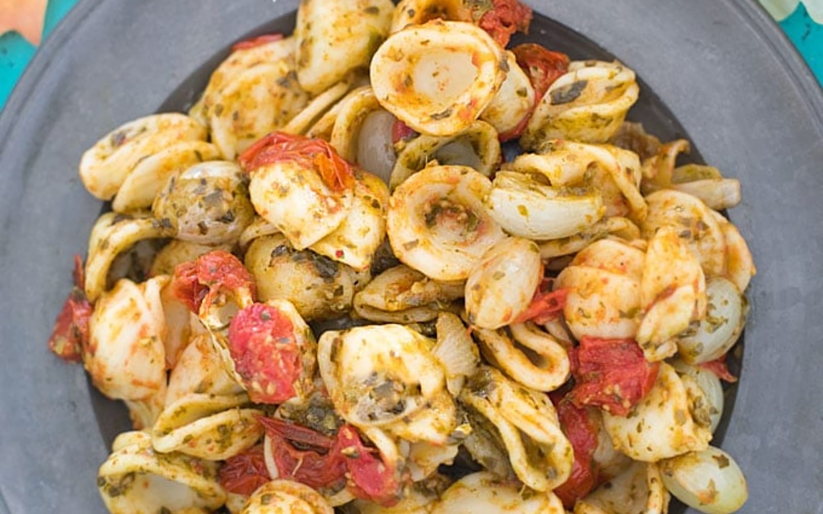 Vegan Orecchiete Pasta With Basil Pesto Stuffed Pearl Onions