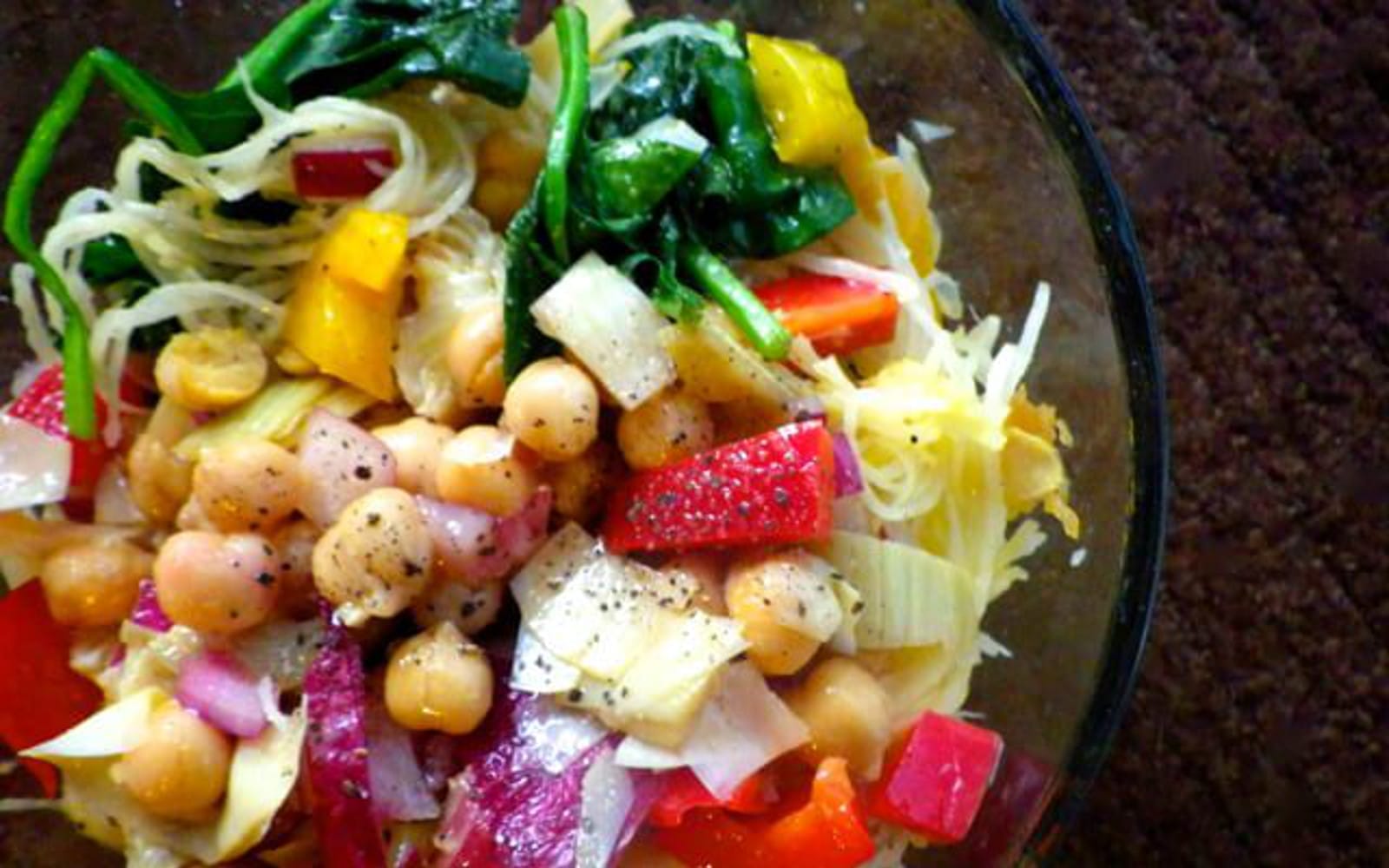 Vegan, Gluten-Free Marinated Chickpea and Artichoke Salad with peppers and spaghetti squash