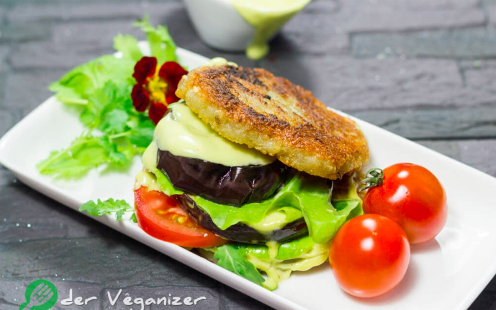 Potato and Eggplant Burger with Avocado Mayo [Vegan]