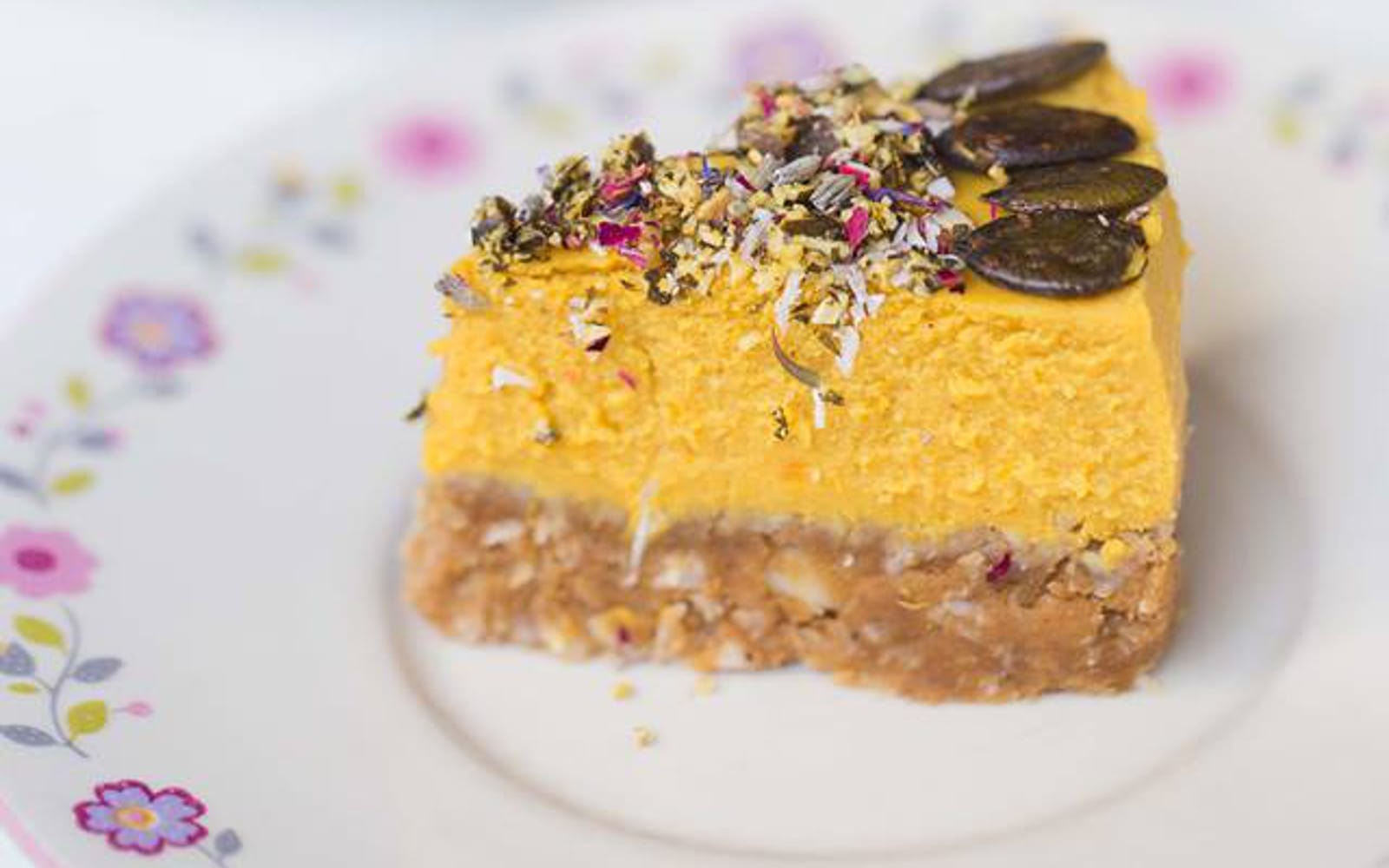 Golden Milk Pie with sweet potatoes with colorful toppings