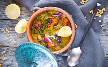 Vegan Gluten-Free instant pot green kichari with carrots, lemons, and purple cabbage