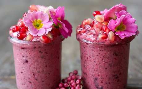 Vegan Gluten-Free Pink Pitaya-Cauliflower Nice Cream with flowers and pomegranate