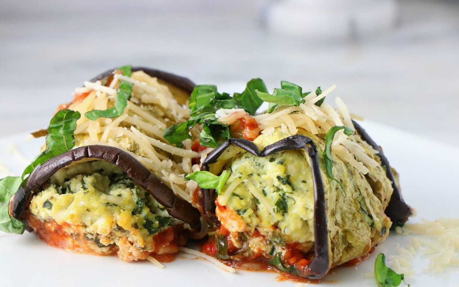 Vegan Eggplant Rollatini with Basil Tofu Ricotta with vegan cheese