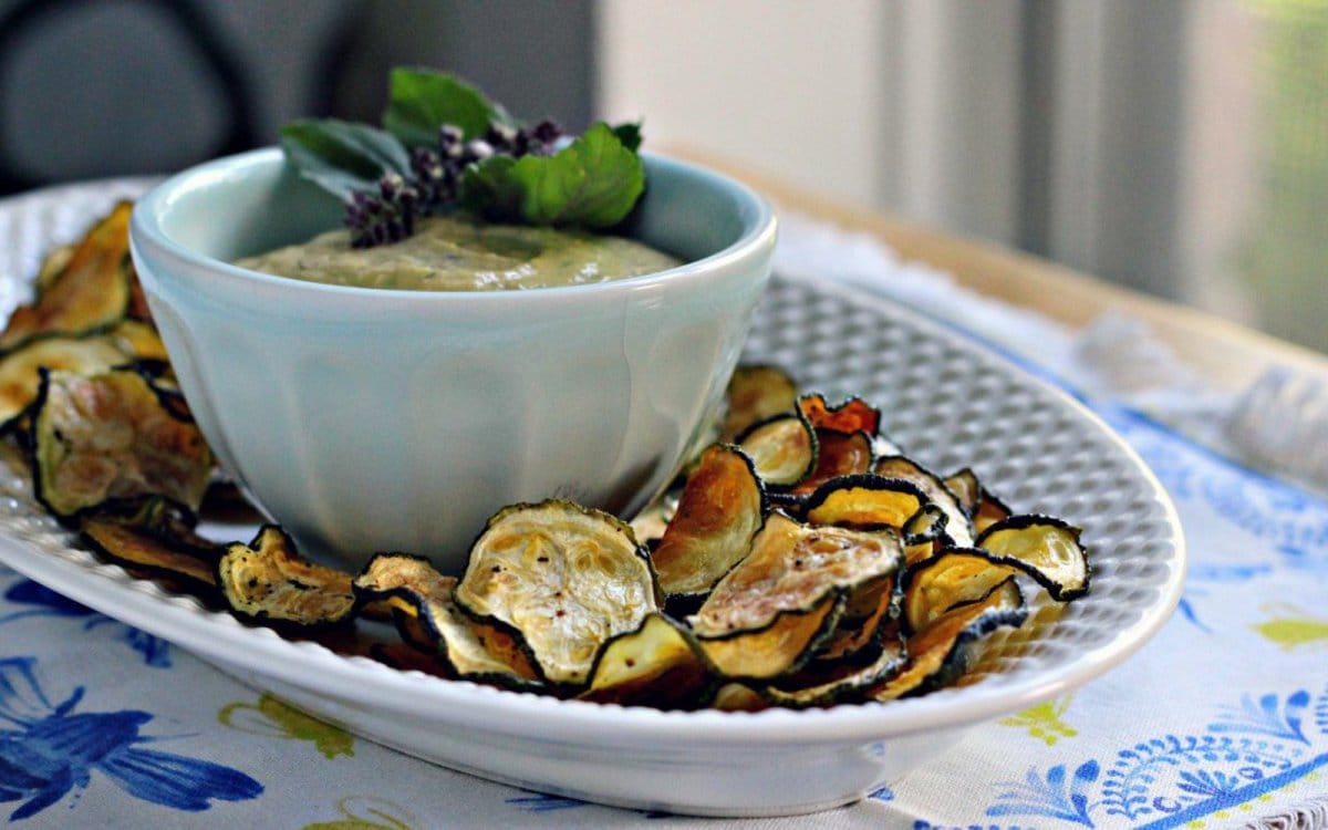 Zucchini Chips With Lemon Basil Tahini Dip