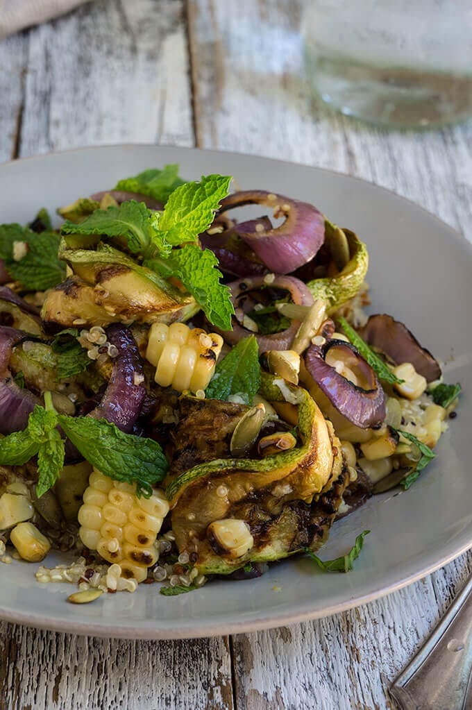 Grilled Zucchini and Corn Quinoa Salad With Toasted Pepitas and Lemon Mint Dressing [Vegan]
