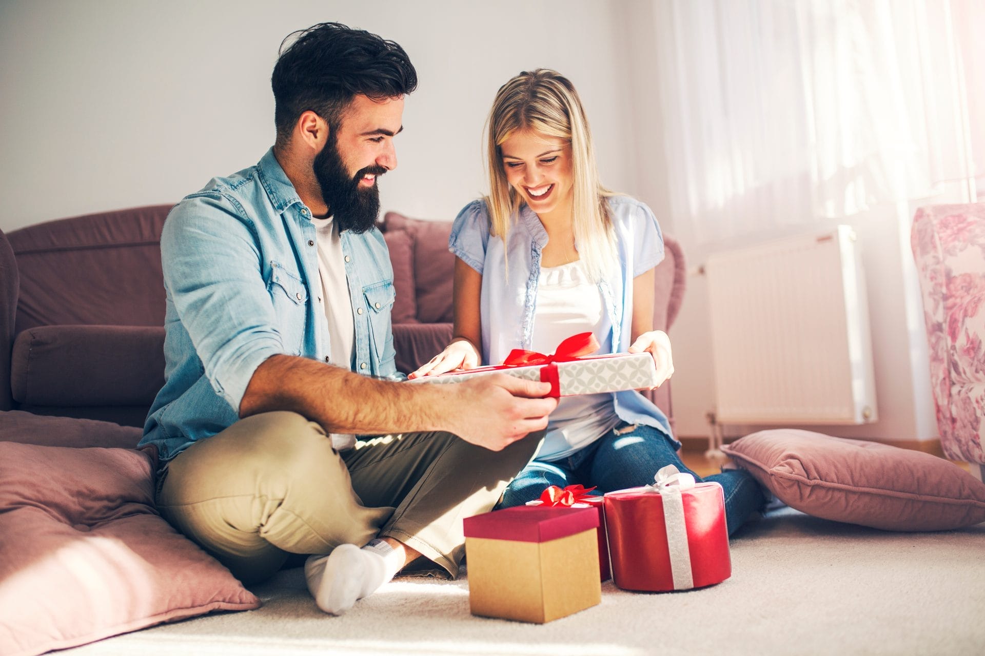 Couple exchanging gifts