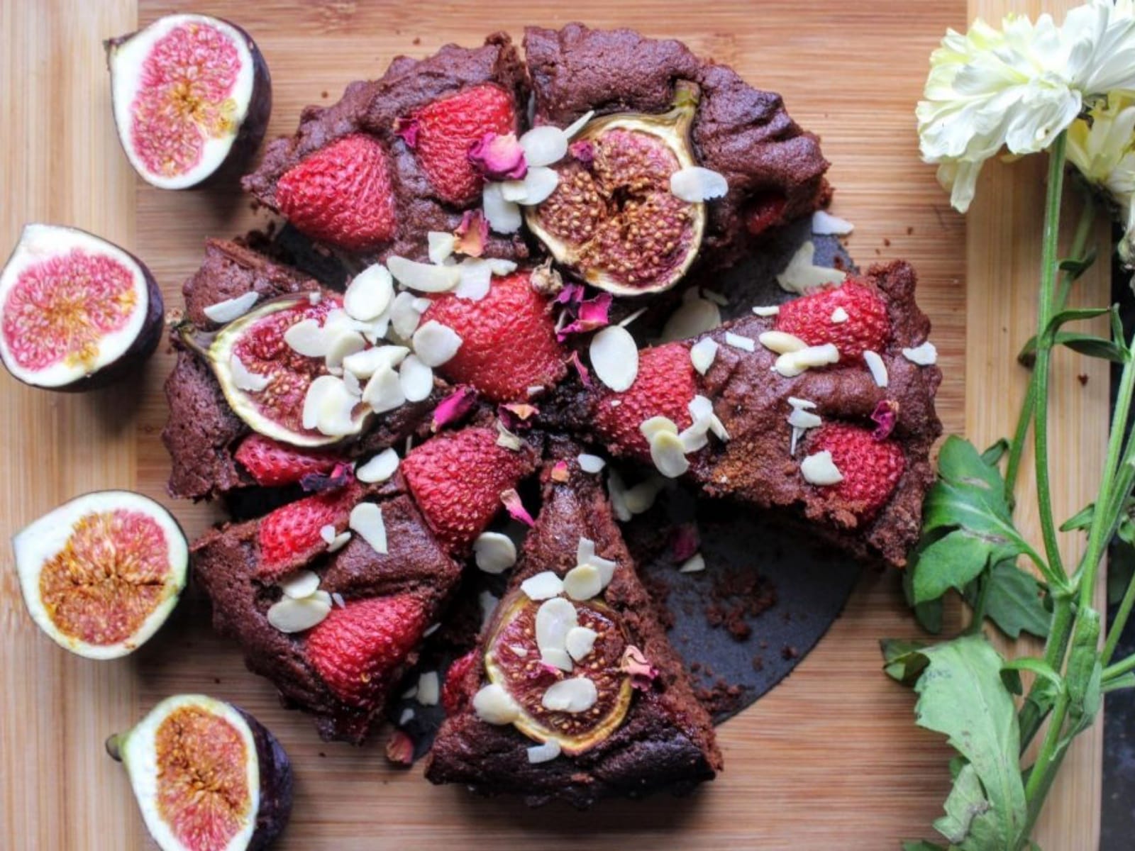 vegan chocolate, fig, and raspberry cake