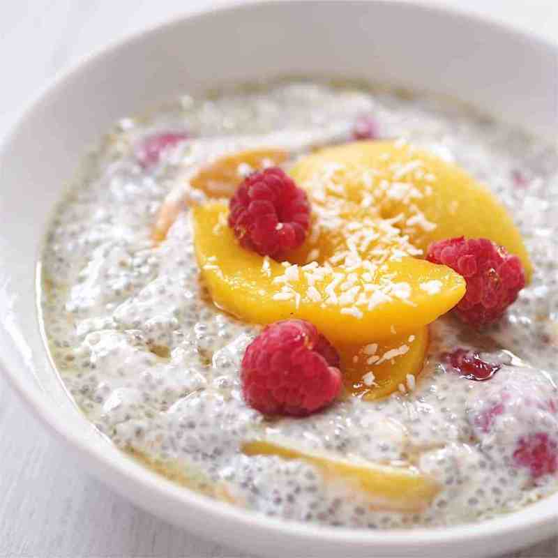 Peach, Raspberry and Coconut Yogurt Chia Pudding