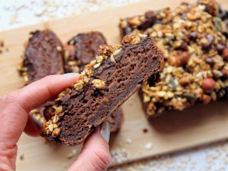 vegan dark chocolate loaf with granola topping