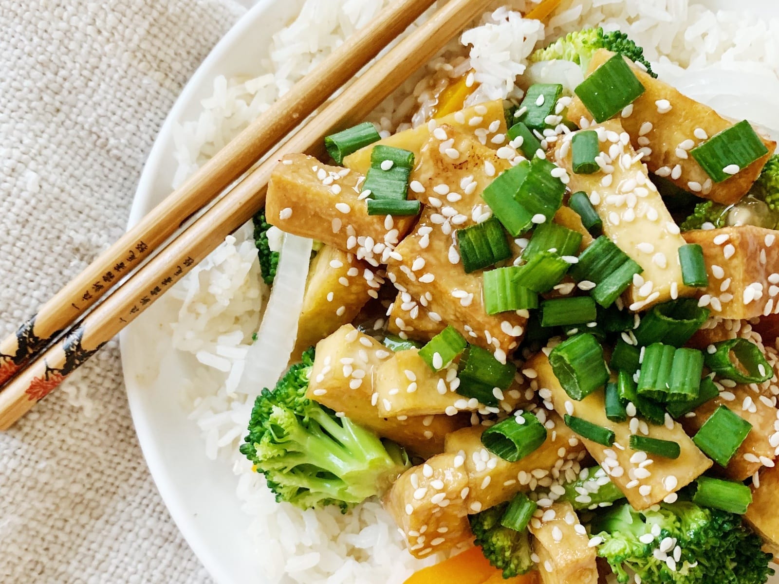 teriyaki tofu and vegetables over rice