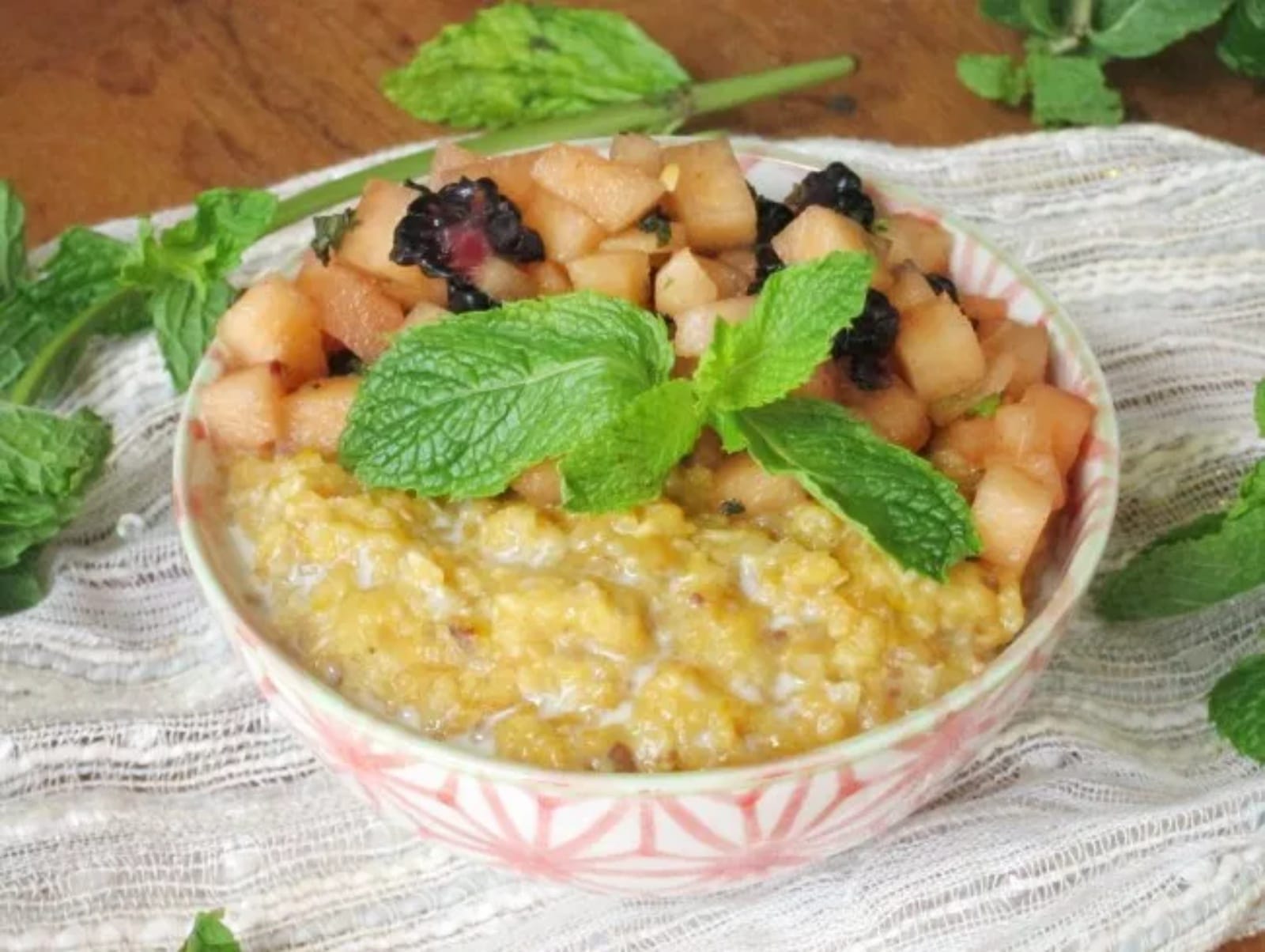 Cantaloupe Date Oatmeal with Mint Melon Relish