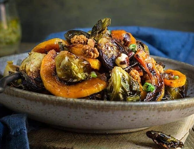 vegan Roasted Brussels Sprouts and Squash Salad With Horseradish Dressing for autumn