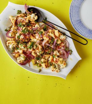Sheet Pan Cauliflower With Crispy Onions and Caper-Parsley Vinaigrette