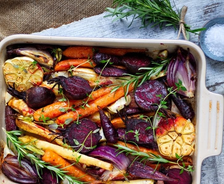 vegan colorful roasted root veggies
