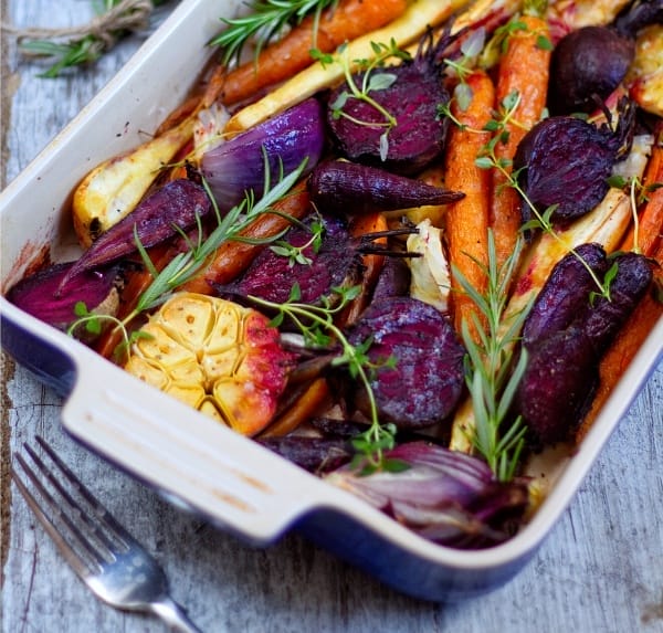 vegan colorful roasted root veggies