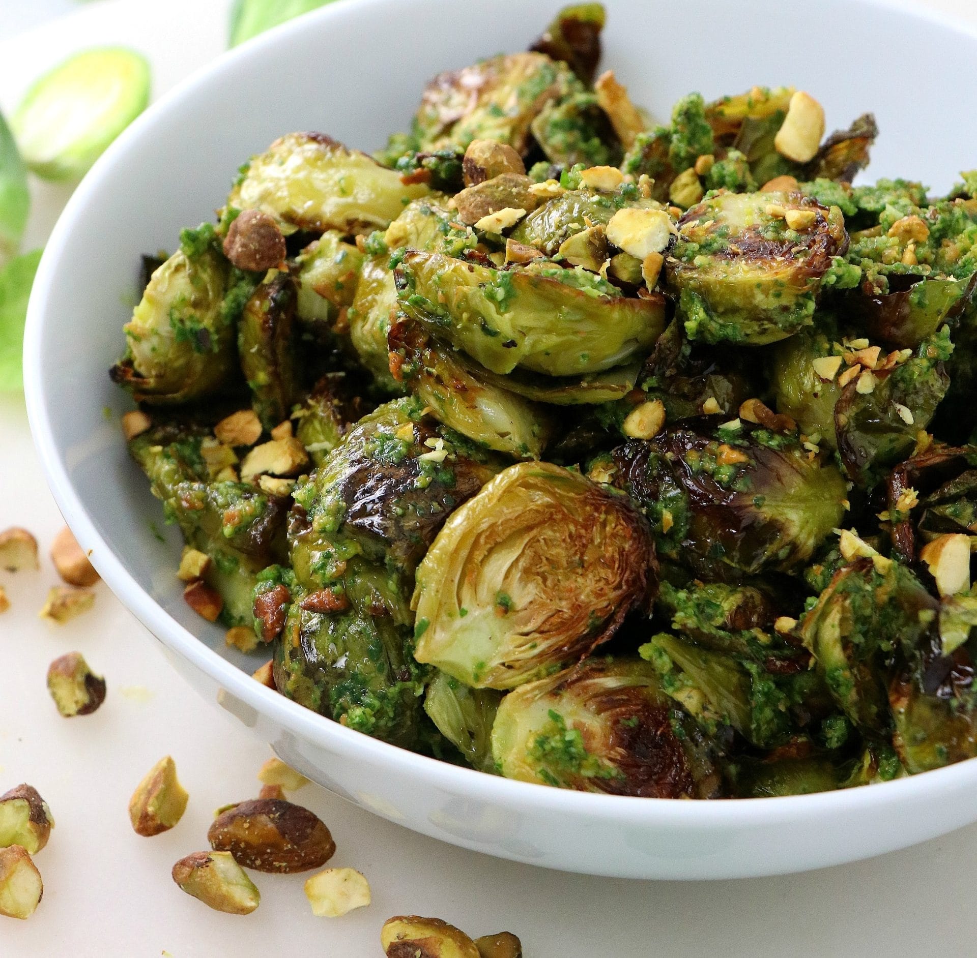Vegan Roasted Italian Brussels with Arugula Pistachio Pesto