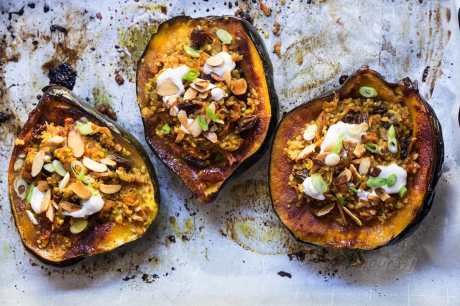 Vegan Stuffed Acorn Squash with Bulgur Pilaf