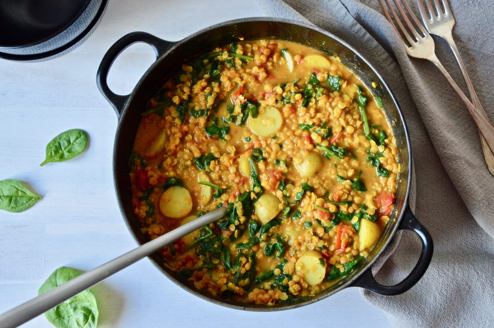vegan one pot potato spinach and lentil dal