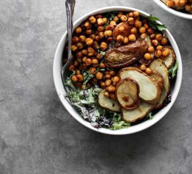 vegan ROASTED POTATO & CHICKPEA SALAD WITH TAHINI DRESSING