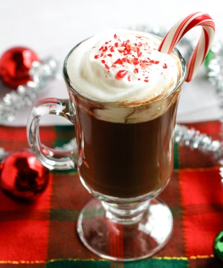 vegan hot chocolate with peppermint sticks