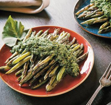 Pan Charred Beans with Bean Leaf Pesto