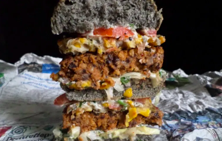Mexican Black Bean Chorizo Burgers with Cilantro-Lime Corn Fritters