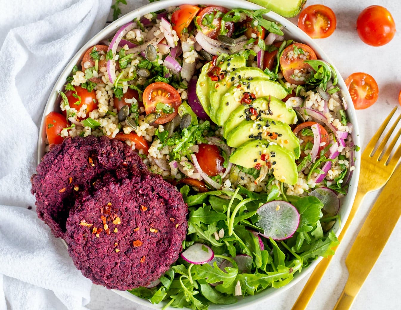 Salad with Beetroot Burger Patties