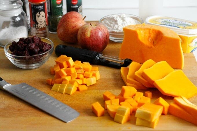 Butternut Squash Apple Cranberry Gratin