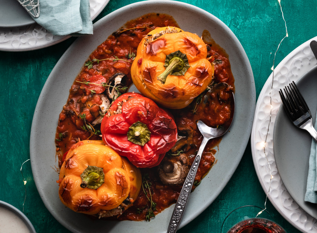 Mushroom Rice Stuffed Peppers with Tahini-Yogurt Sauce
