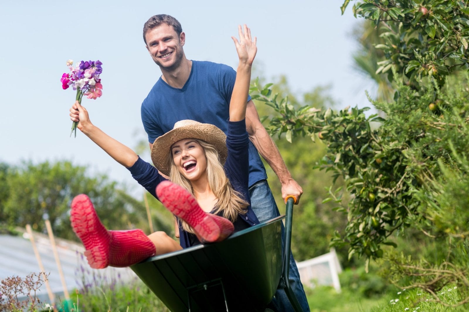 couple gardening together with wheel barrow