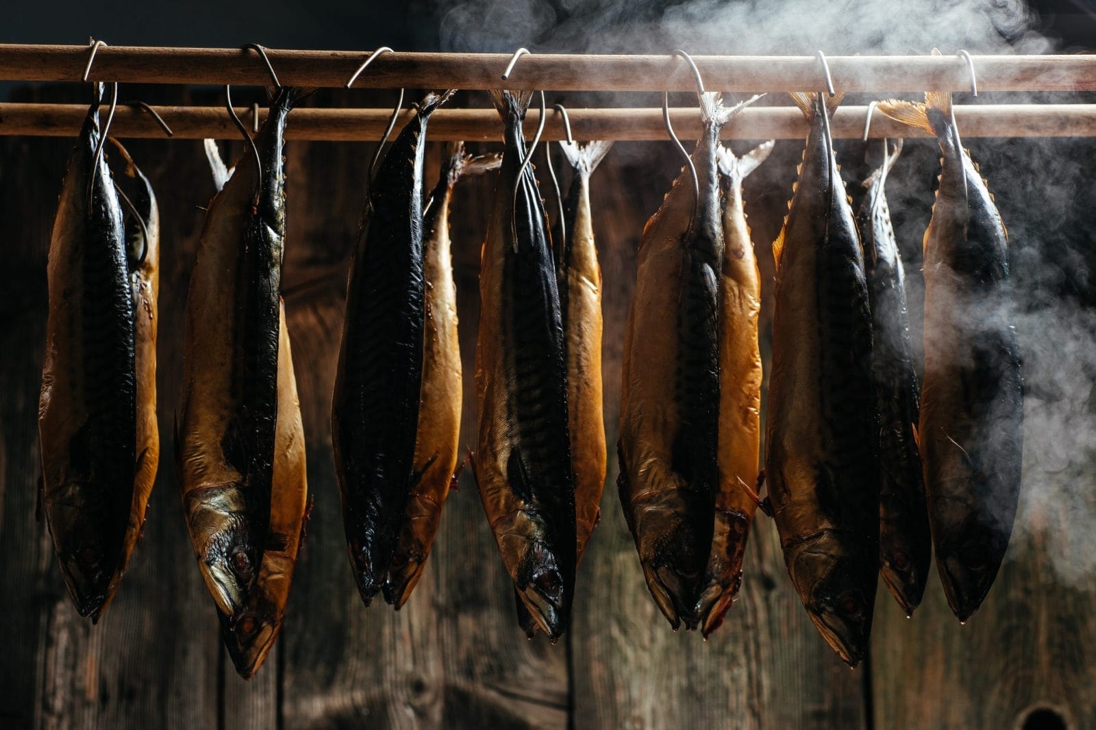 Fish being smoked hanging on a wire
