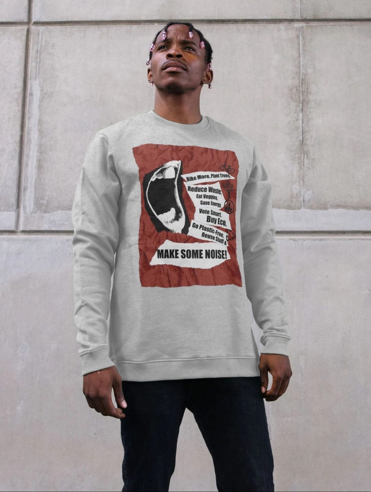 Man wearing climate themed recycled sweatshirt