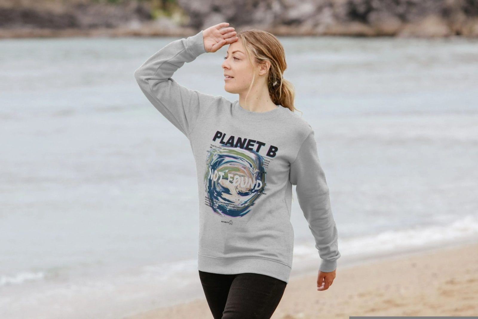 Girl wearing Planet B Not Found sweatshirt