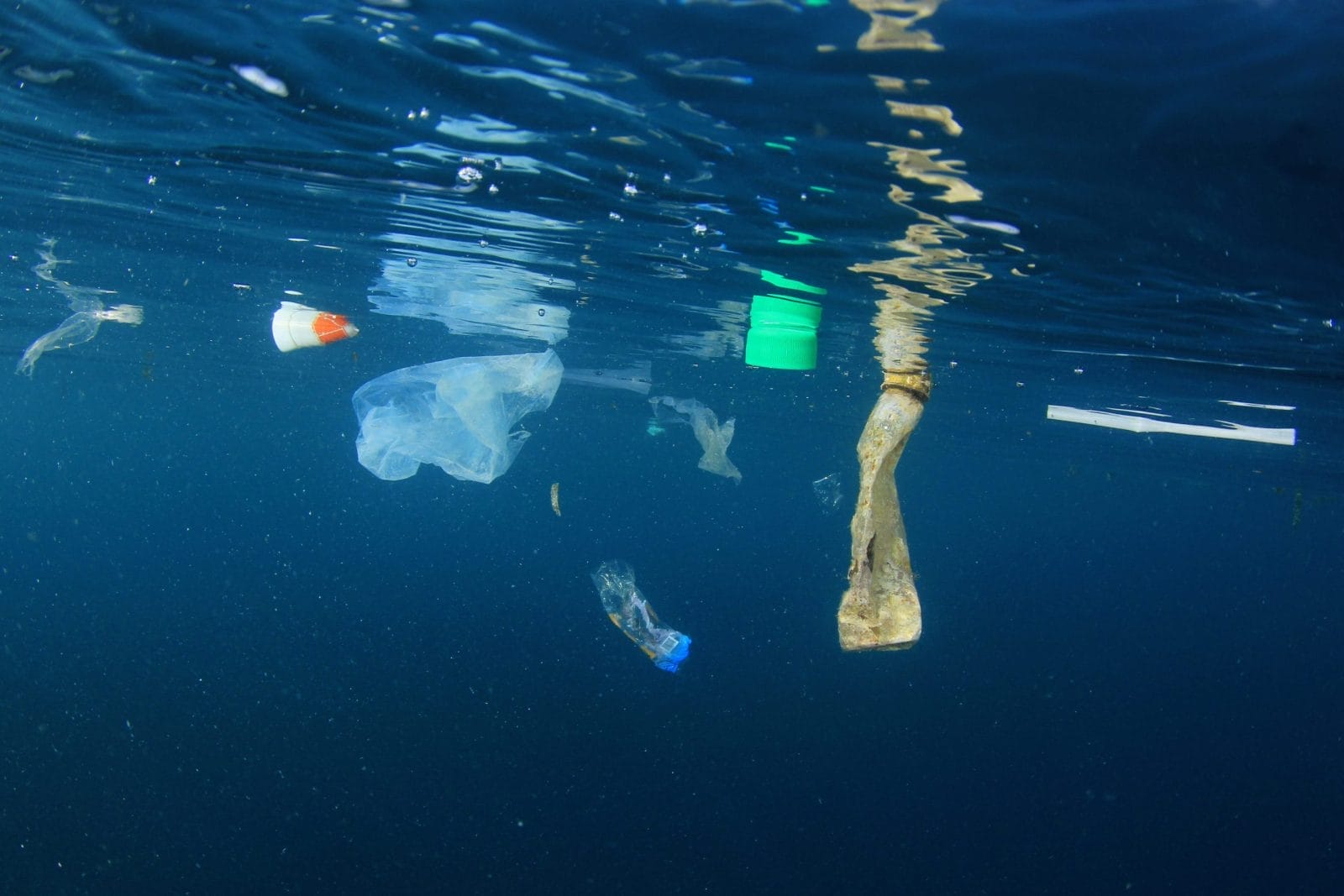 Plastic bags, bottles and straws pollution in ocean