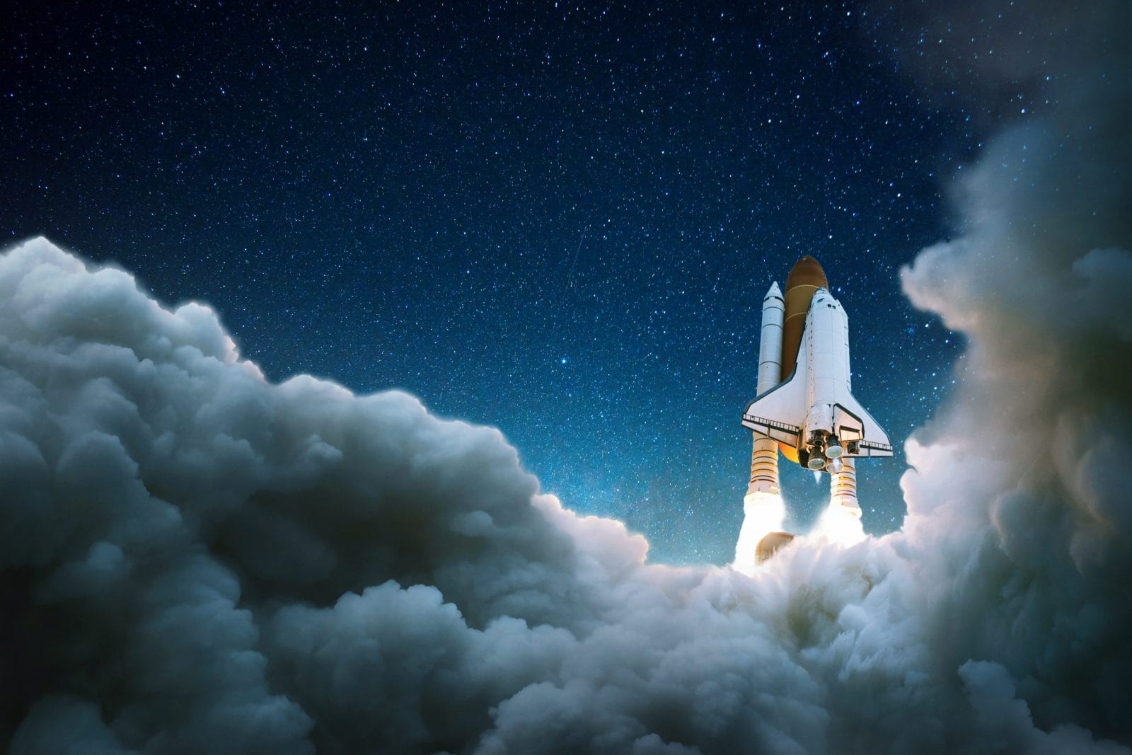 Rocket takes off in the starry sky