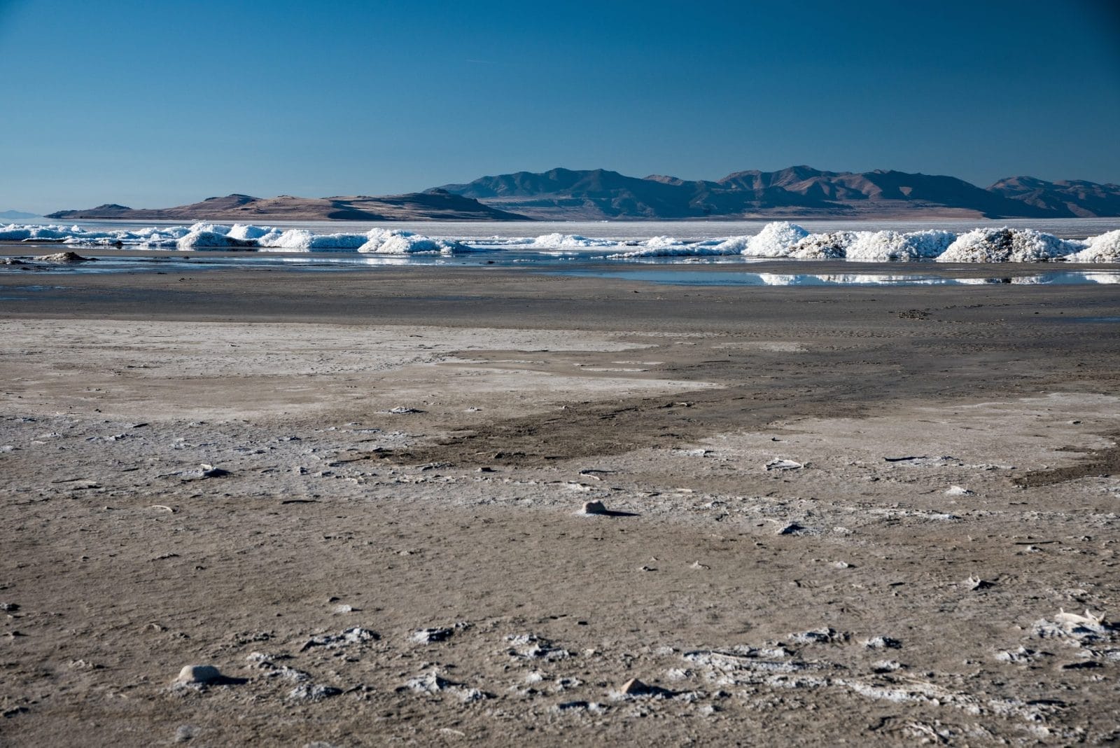 The vanishing Great Salt Lake with salt mounds