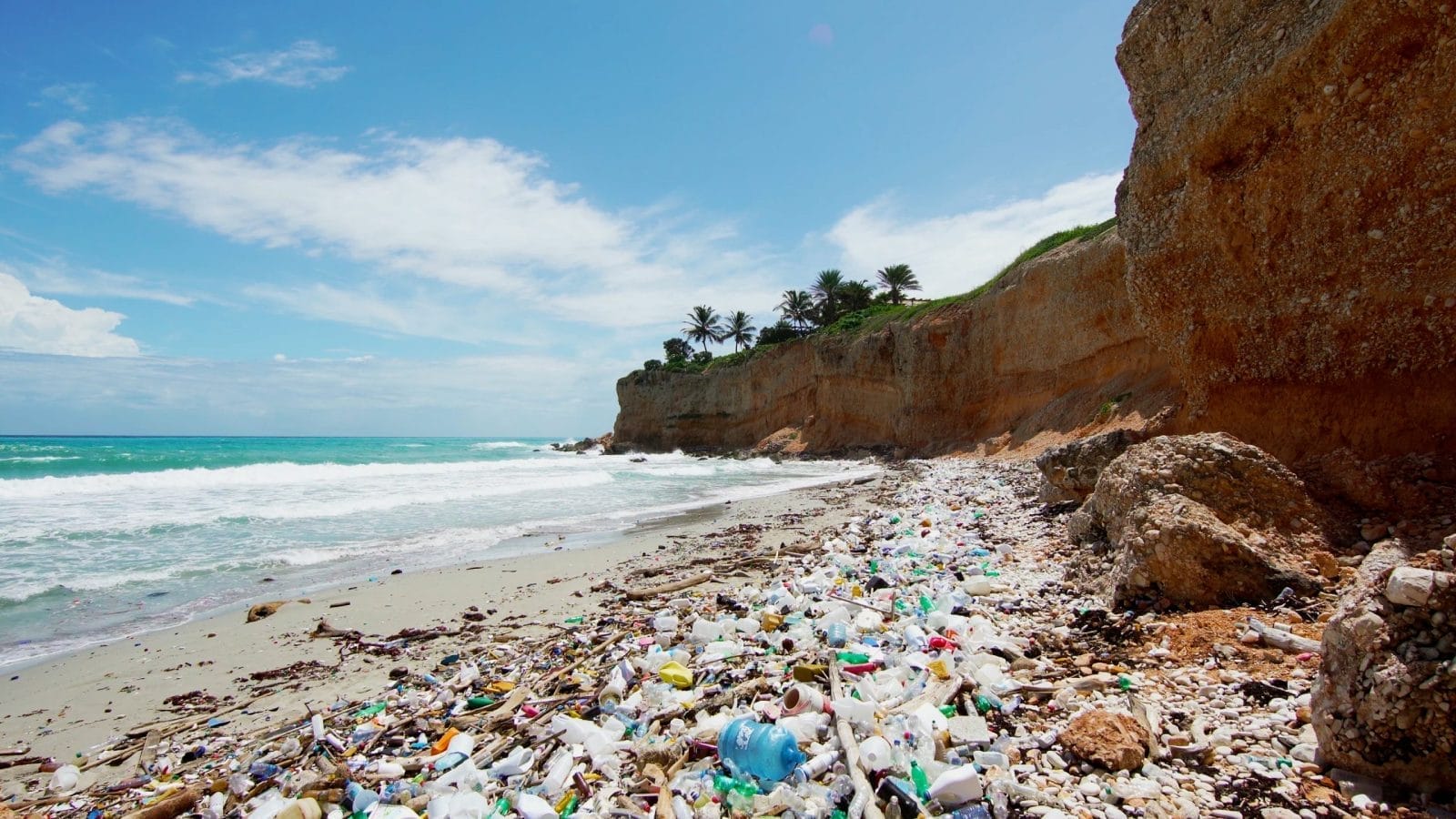 Plastic trash on the sea sandy white beach